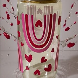 Heart Patterned Glass Jar with Pink Accents with lit and straw
